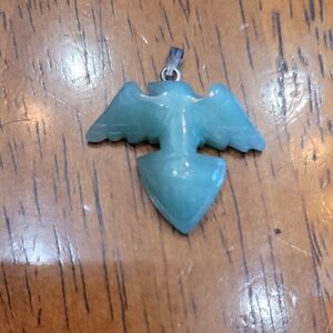 Green Carved Stone and Silver Eagle Bird Pendant